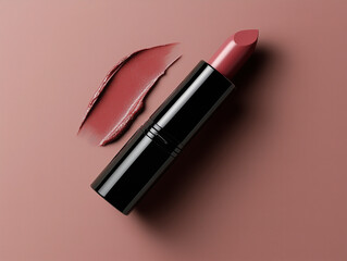 Obraz premium A chic pink lipstick with a textured swatch, showcasing its creamy formula on a soft pink background