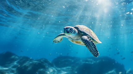 Obraz premium Turtle Swimming in the Sea, Sea Turtle in the Deep Ocean 