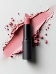A pink lipstick with shattered pigment, visually emphasizing texture and high-quality formulation.