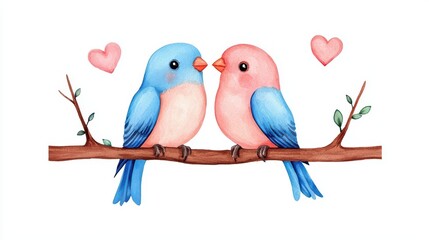 Obraz premium Watercolor Lovebirds Sitting on a Branch with Hearts Above