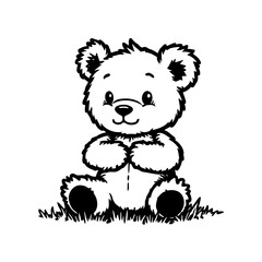 Monochrome Teddy Bear Sitting on Grassy Patch