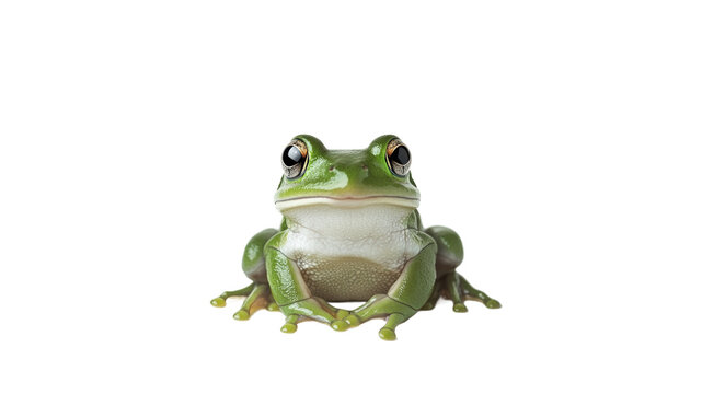 Green frog resting on a white background