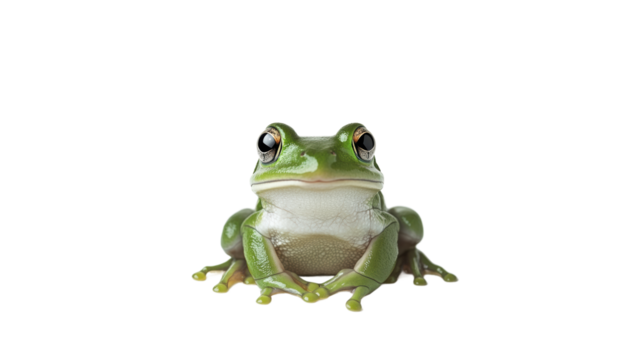 Green frog resting on a white background