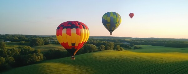 Fototapeta premium Colorful hot air balloons soaring over lush green landscape at sunset