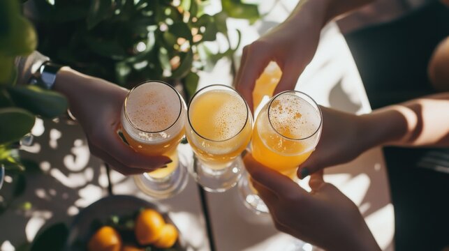 Moderate drinking at a stylish brunch with friends on a sunny terrace. Featuring social connection and relaxation