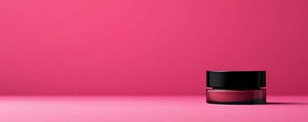Obraz premium Sleek black cosmetic jar on vibrant pink background for skincare and beauty products