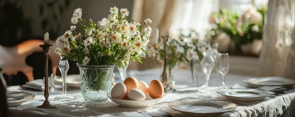 Fototapeta premium Elegant dining table with floral centerpieces and eggs in sunlit room