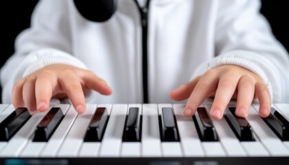 Fototapeta premium Child plays piano, showcasing musical talent and creativity with focused attention.