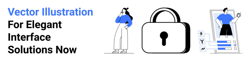 Woman pondering, padlock signifying security, person configuring mobile app interface. Ideal for security, design, creativity, interface, technology, innovation flat landing page banner