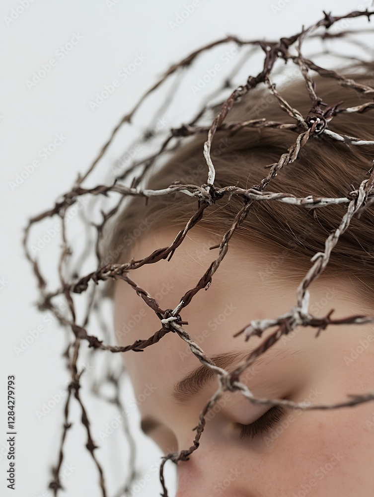 Poster artistic portrait of a person with barbed wire covering head symbolizing confinement and struggle : 
