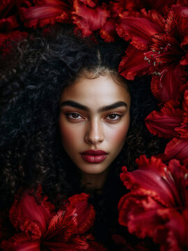 Ett konstn&auml;rligt portr&auml;tt av en ung kvinna med naturligt lockigt h&aring;r, inramad av frodiga blommor i nyanser av korall och rosa.