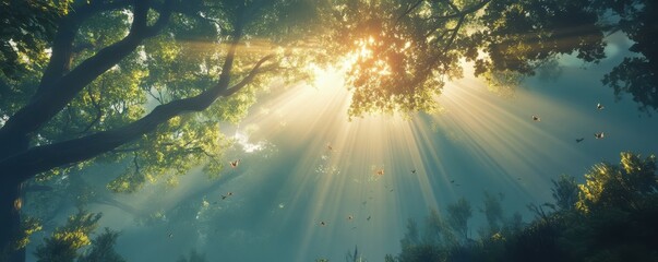 Obraz premium Sunlight streaming through lush green forest canopy with butterflies flying