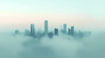 Naklejka premium Foggy city skyline, serene minimalist scene with distant skyline shrouded in soft fog, creating a tranquil and ethereal atmosphere. Ethereal City Skyline. Illustration