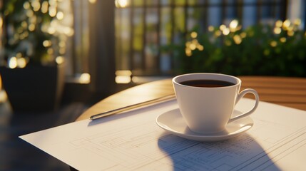 A serene morning scene featuring a cup of coffee on a table with architectural plans, bathed in sunlight