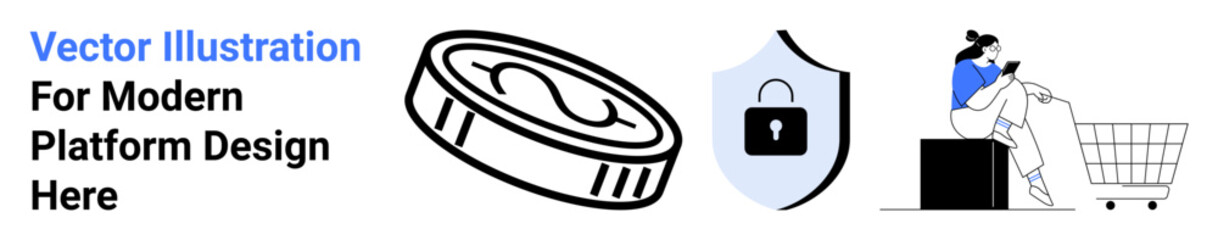 Coin symbolizing digital payment, shield with lock for data security, shopper browsing mobile near cart. Ideal for e-commerce, fintech, mobile apps, cybersecurity, online shopping, finance blogs