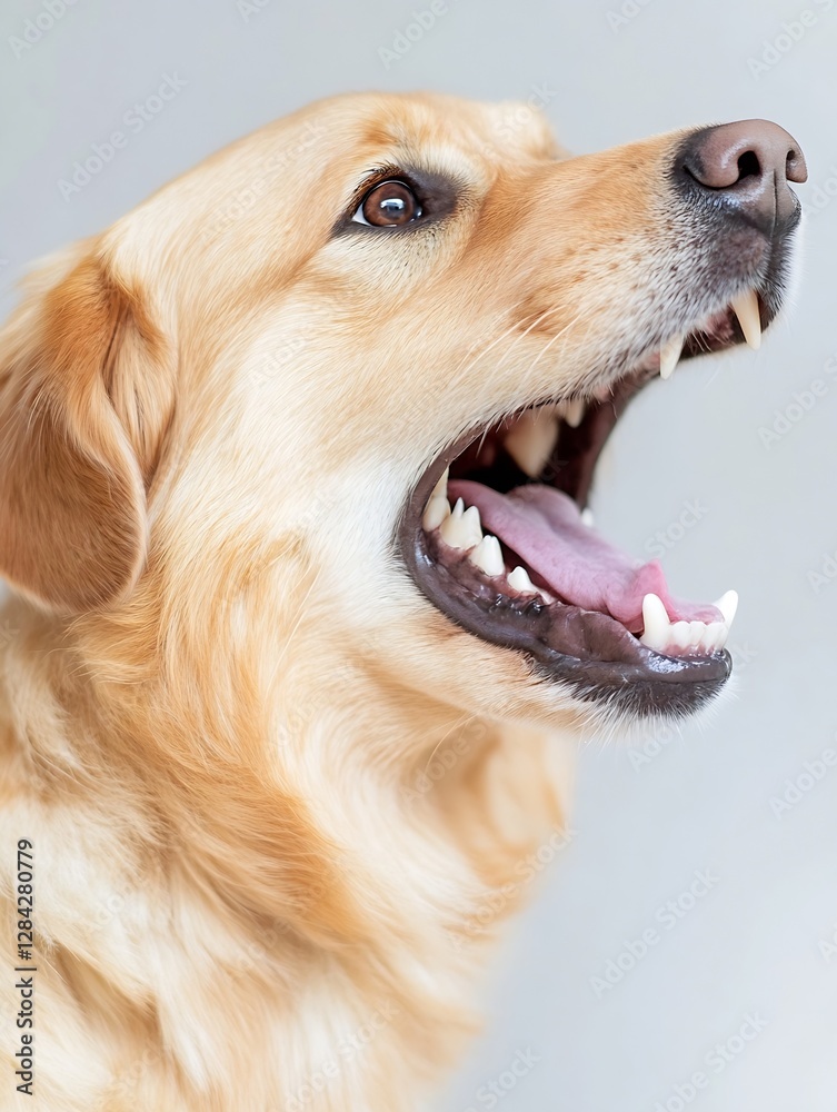 Poster closeup portrait of a golden retriever dog with mouth open displaying strong teeth and vibrant fur :