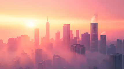 Misty urban skyline at sunrise. Ethereal City Skyline. Illustration