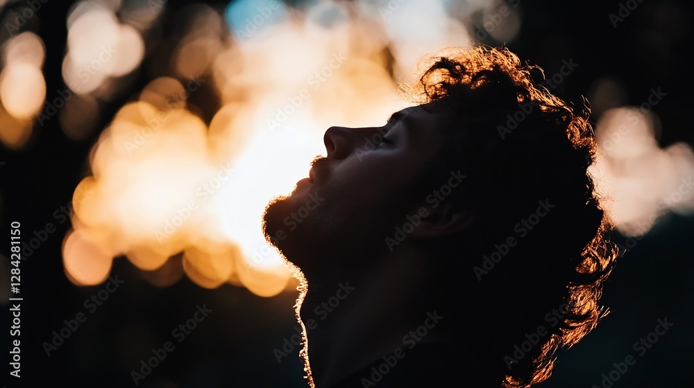 Aufkleber silhouette of a contemplative man against a vibrant sunset with warm bokeh effects in the background