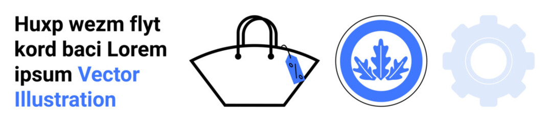 Fashion bag with tag, blue circular leaf emblem, and faint gearwheel. Ideal for eco-fashion, sustainability, branding, technology, craftsmanship, elegance flat landing page banner