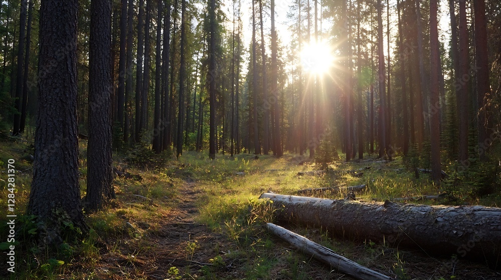 Poster sunlight illuminating tranquil forest path through tall trees conveying natural beauty : generative 
