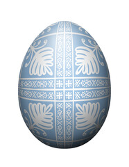 Isolated Easter egg painted with floral white ethnic pattern on a blue background