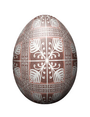 Isolated Easter egg painted with floral white ethnic pattern on a textured red brown background