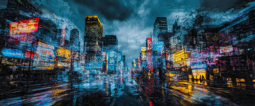Abstract depiction of Times Square at night with digital neon signs, colorful reflections, and rainy weather, creating a vibrant and futuristic urban landscape.