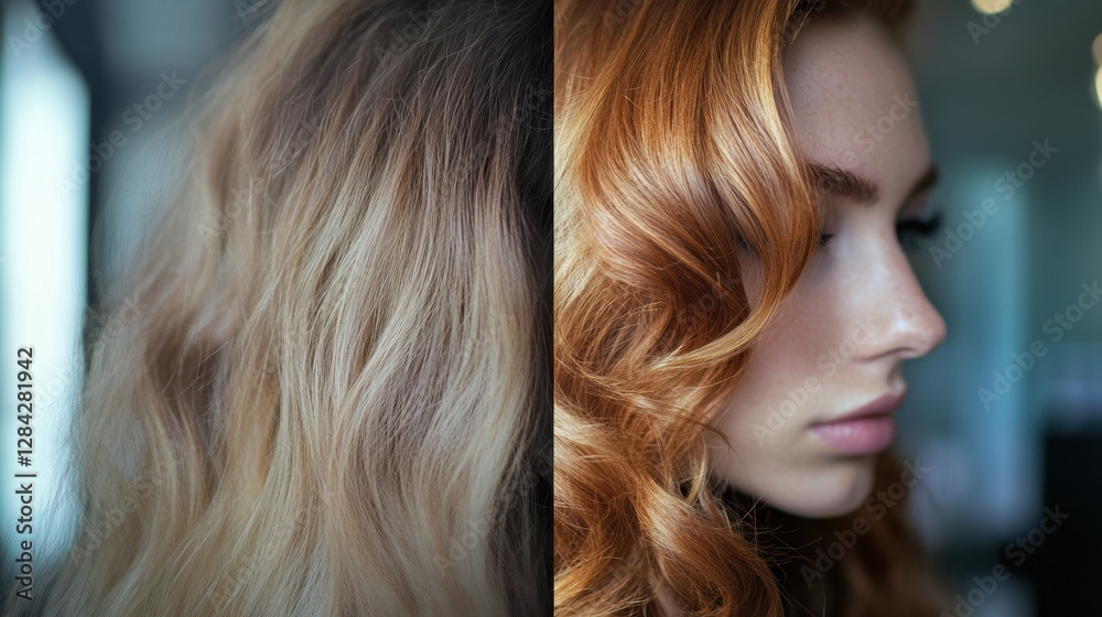 Poster transformation of a hairstyle from dull and messy to stylish and elegant in a salon setting. generat