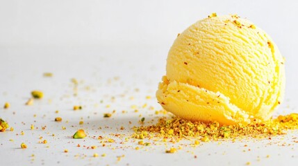 Bright Yellow Ice Cream Scoop Topped with Pistachios on White Background