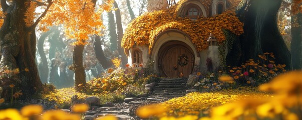 Obraz premium Enchanting autumn cottage in sunlit forest glade surrounded by vibrant foliage