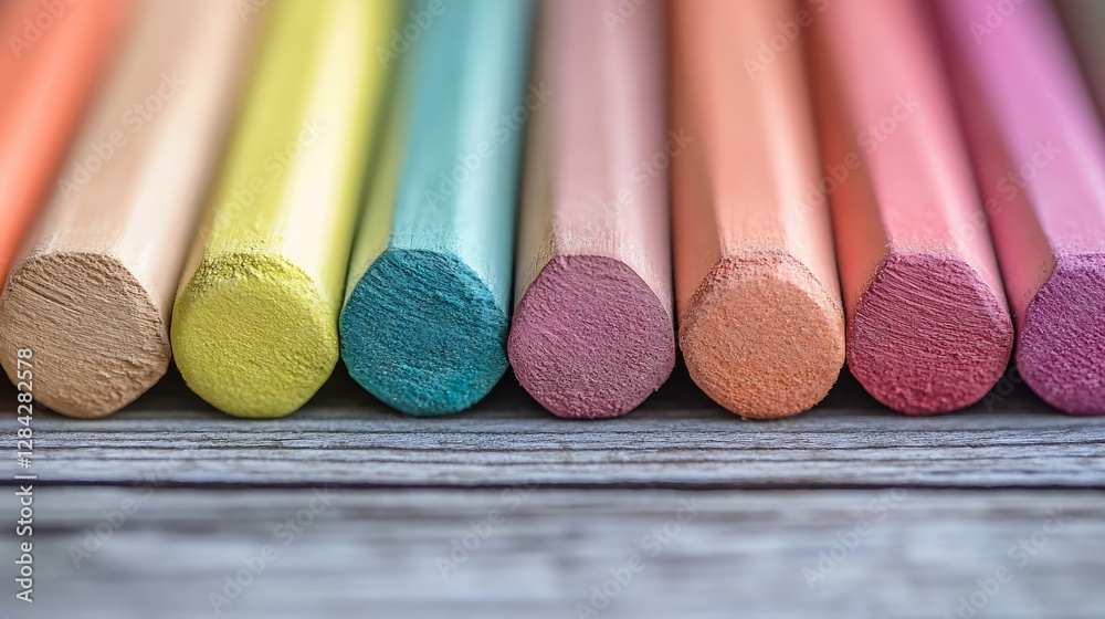Poster Colorful Selection Of Chalk Pastels Arranged Neatly In A Row On A Wooden Surface : Generative AI