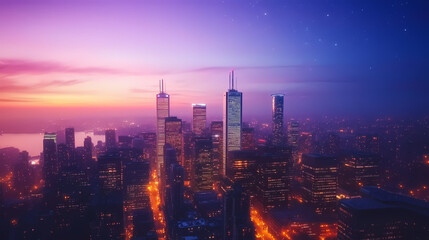 Fototapeta premium Vibrant city skyline glowing at dusk with illuminated buildings and an ethereal purple-blue night sky. Ethereal City Skyline. Illustration