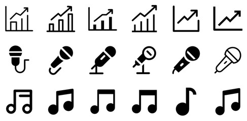 "Growing Graph, Microphone, and Music Note Vector Icon Set – A Dynamic Collection for Sound and Success"