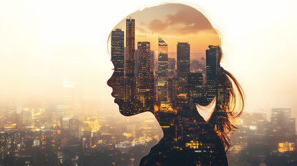 Young girl dreaming with city skyline double exposure. Ethereal City Skyline. Illustration