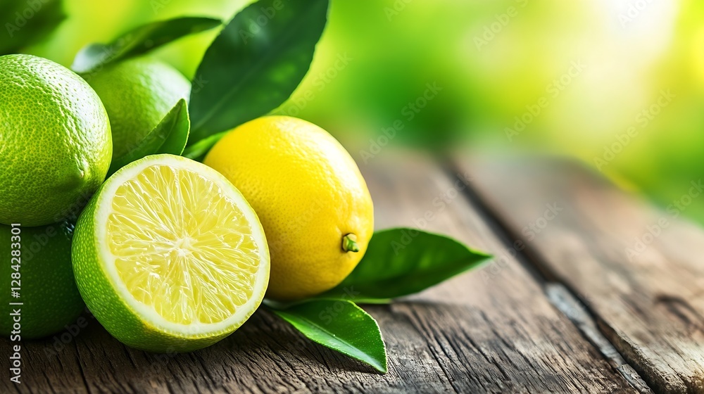 Poster vibrant fresh lemons and limes on a rustic wooden surface with natural green background : generative