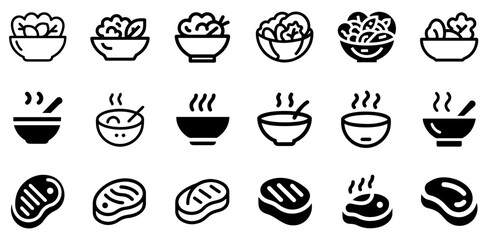 "Salad, Soup, and Steak Vector Icon Set – A Perfect Trio of Appetizer, Main Course, and Comfort Food"
