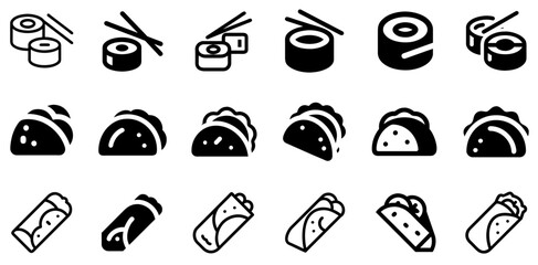 "Sushi, Tacos, and Burrito Vector Icon Set – A Tasty Fusion of Global Cuisine"