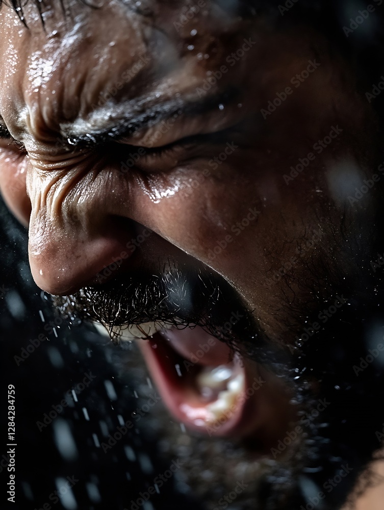 Poster closeup of an emotional man screaming in agony while drenched in rain or water : generative ai