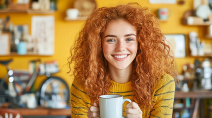 cheerful woman with curly red hair enjoys cup of coffee in cozy cafe, surrounded by warm colors and vibrant atmosphere