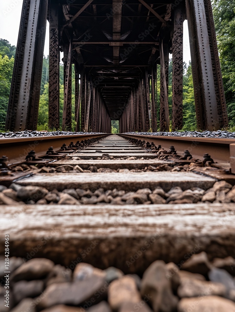 Poster Perspective view of a rustic railway bridge showcasing the tracks leading into the distance surrounded by greenery : Generative AI