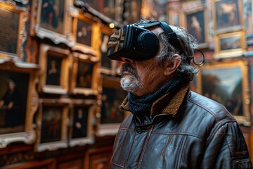 Fototapeta premium An older gentleman wearing virtual reality goggles stands amidst a gallery adorned with numerous classic paintings, immersed in a digital experience that enhances his appreciation of art