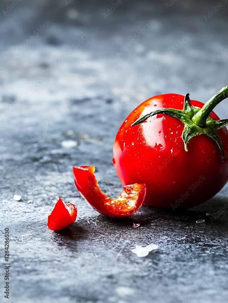 Poster fresh red tomato with water droplets resting on dark stone surface ready for cooking : generative ai