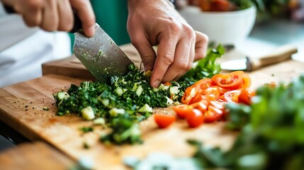 Chef Slicing Fresh Vegetables on Wooden Cutting Board for Healthy Cooking : Generative AI