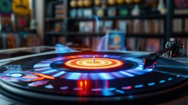 A colorful light pattern emerges as the turntable spins, showcasing the creative atmosphere of a local music studio filled with records and instruments. Enthusiasts enjoy the artistry of sound