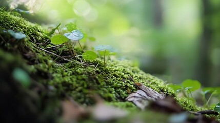 Lush green moss covering a forest floor with sunlight creating a dreamy atmosphere : Generative AI