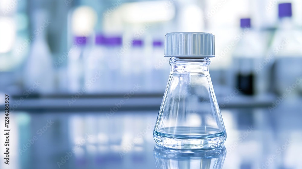 Poster Clear glass laboratory flask filled with liquid on shiny table background : Generative AI