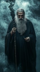 Fototapeta premium An ancient wizard stands tall, donning a flowing black robe and a long grey beard. He grips a gnarled staff, enveloped in mystical mist while lost in deep concentration, casting powerful spells