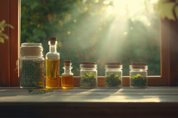 Sunlight filtering through window showcasing herbal oils and jars of fresh herbs