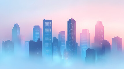 A serene city skyline enveloped in ethereal fog, showcasing towering buildings disappearing into misty hues. Ethereal City Skyline. Illustration