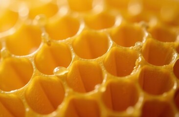 Close-up view of natural honeycomb with golden hexagonal cells and honey drops